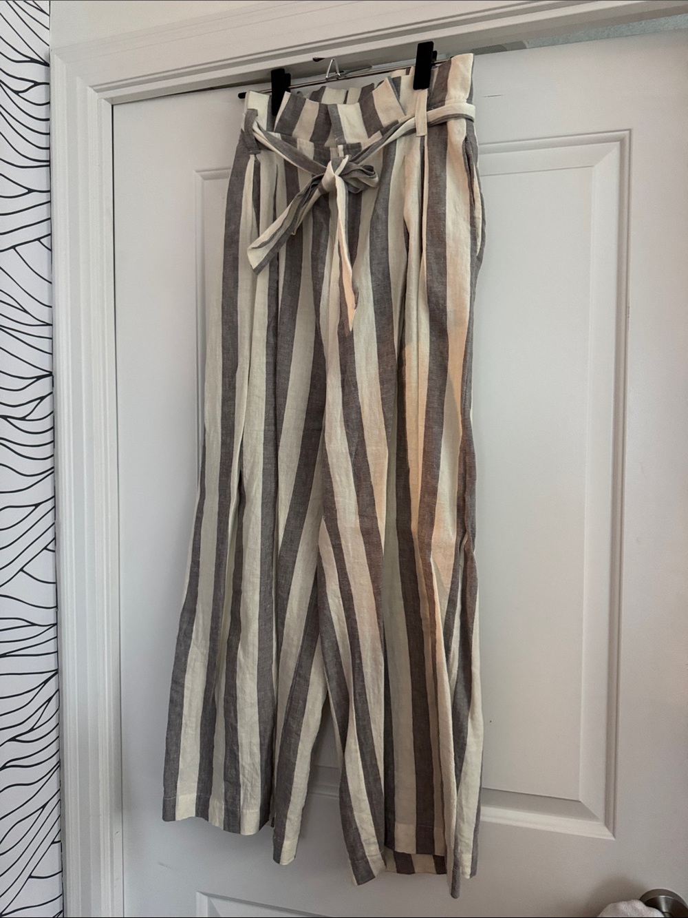 High-Rise Paperbag Waist Wide-Leg Pants in Neutral Stripe